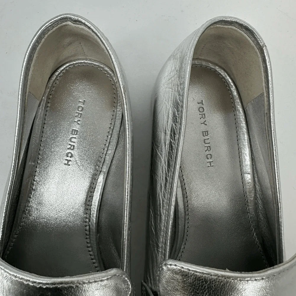 Tory Burch Perrine Metallic Chain Loafers Size 6.5 Silver Leather Flats